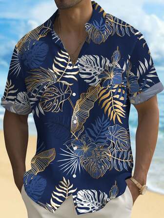 夏威夷热带花卉与植物 3D 印花加大码男式纽扣口袋短袖衬衫