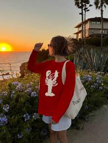 Women's Autumn/Winter Fashion Casual Vintage Contrast Color Shrimp Jacquard Knit Pullover Sweater Red Fall - Red - View 3