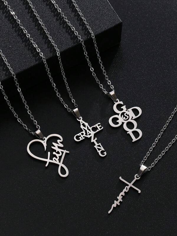 4pcs Stainless Steel Christian Faith, Grace, Cross Pendant Necklace Set, Religious Jewelry