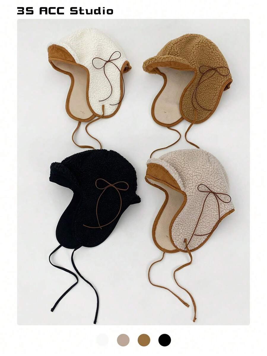 1 件装羊毛保暖护耳帽，奶油色，蝴蝶结装饰，防风厚实，适合女士冬季 - 彩色 - 查看 1