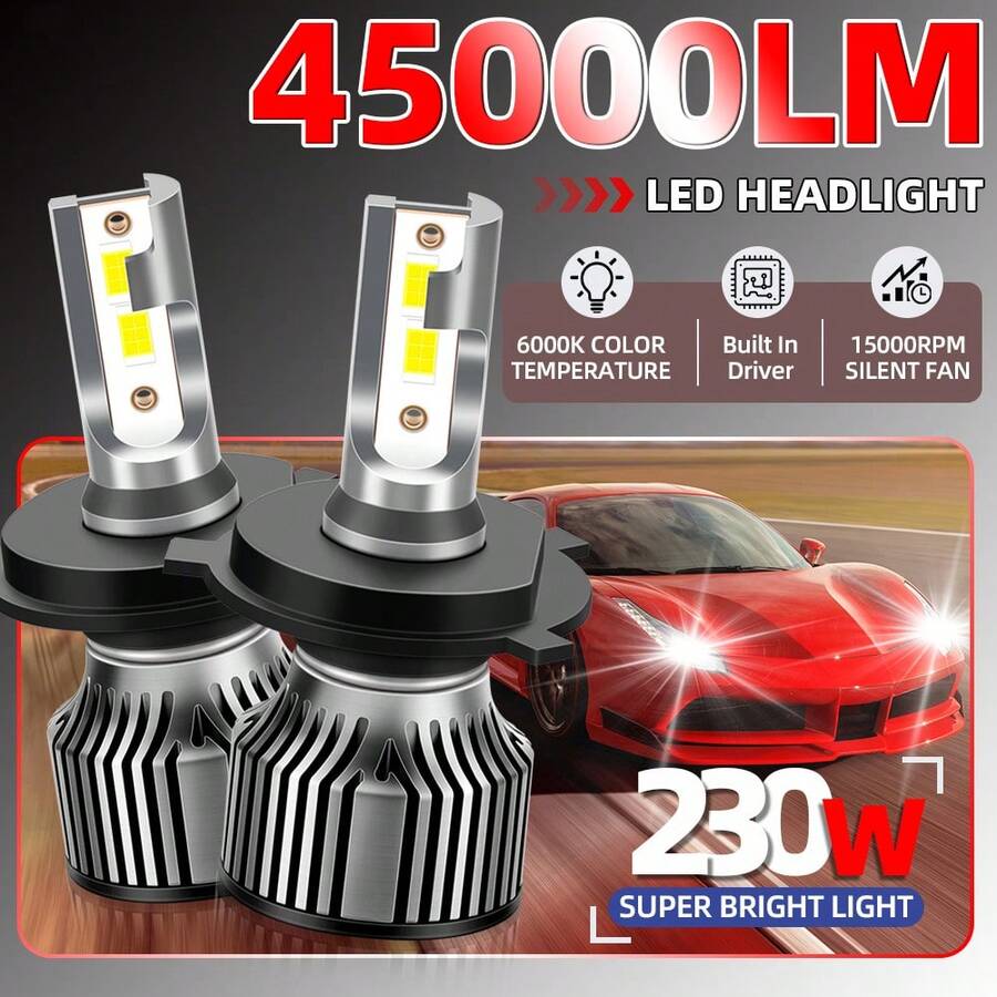2 个 H1 H7 H11 9005/HB3 9006/HB4 H4 H13 LED 汽车大灯灯泡，6000K 冷白，230W，45000LM，超亮 CSP 芯片，内置高速涡轮静音风扇，亮度增加 800%，使用寿命超过 50,000 小时