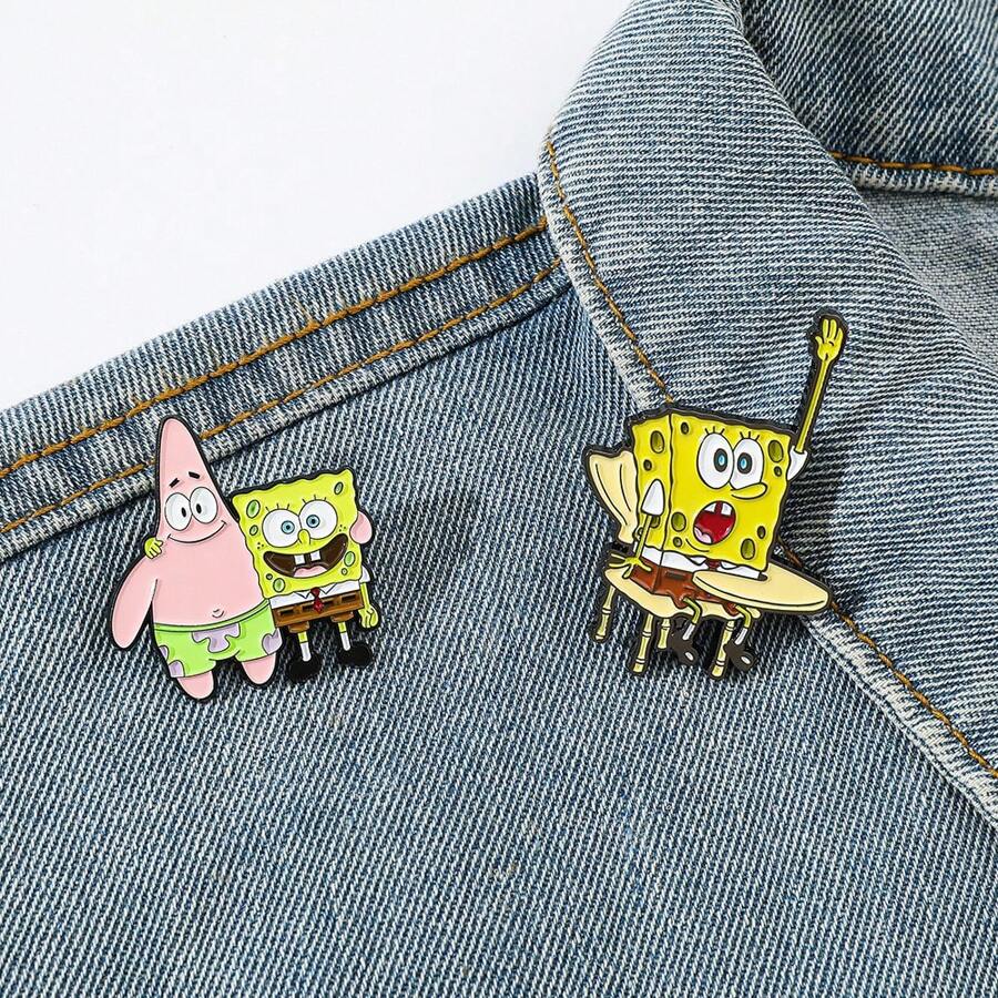 SPONGEBOB 海绵宝宝1/2件创意动漫海绵宝宝胸针创意派大星翻领别针金属珐琅徽章饰品背包服装配饰节日礼物圣诞节 - 均碼 - 查看 1
