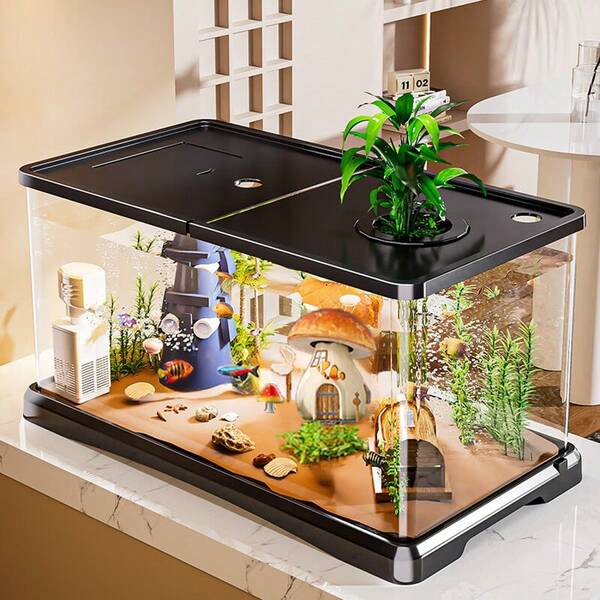 Transparenter Fischbehälter mit Abdeckung, Schreibtisch-Aquarium, großes Aquarium für Goldfische und Landschaftsgestaltung, für den Heimgebrauch