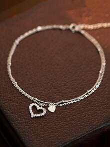 1 件 925 纯银女士脚链，双层心形脚链，优雅时尚，适合日常佩戴、婚礼和派对，是送给女性的完美礼物。