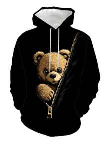 ZhuYa Felpa con cappuccio casual sportiva con stampa di orsetto teddy per uomo taglie forti - Vestibilità morbida con tasche, maniche lunghe, stile casual da strada, adatta per autunno e inverno