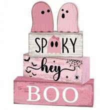 5Pcs Halloween Tiered Tray Decor Set Pink Small Ghost Wooden Blocks Table Decorations Signs