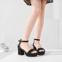 Girls Chunky Heel Strappy Sandals Open Toe Ankle Buckle Dress Shoes For Wedding Party School Little Big Kids - 牛巴革黑色 - 查看 2