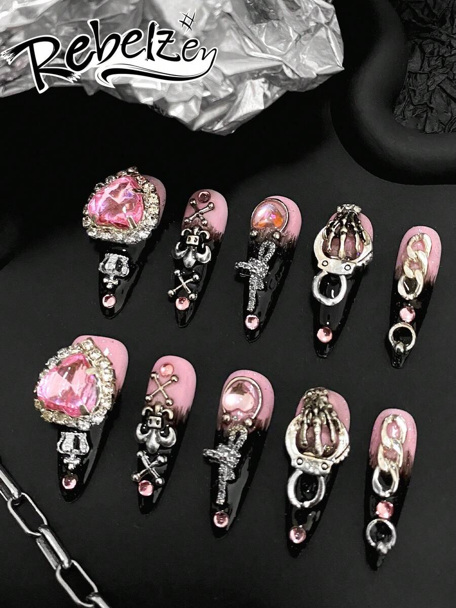 10 Pieces Acrylic Press On Nails,S Halloween Nail Supplies,Black And Pink Gradient Goth Fake Nails, Punk Sweet And Cool Style Shines On The Stage,Black Nails Pink Nails,Almond Nails,Suitable For Ladies To Use In Weddings, Parties, Holidays, Gift Nail Tools. - Multicolor - View 1