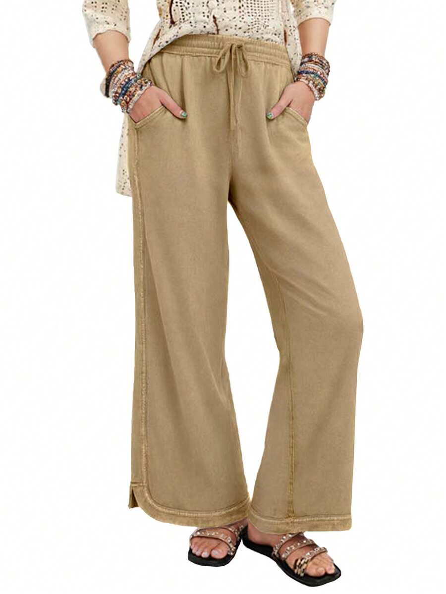 Women's Wide Leg Sweatpants,High Waist Casual Pants With Drawstring Pocket,Baggy Lounge Trousers For Comfort Wear - 卡其色 - 查看 1