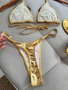 Women's Summer Solid Color Sexy Shiny Metallic Fabric Decorated With Sequin Flowers Tie-Back Bikini Set, Solid Color Bohemian Tie-Back Backless Beach Vacation - Gold - View 5