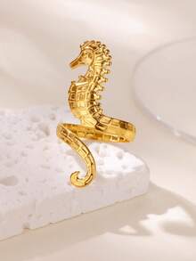 Anel em aço inoxidável banhado a ouro 18K com cavalo-marinho em zircônia azul, acessório de joalheria com tema oceânico, presente de Natal para namorada/filha.