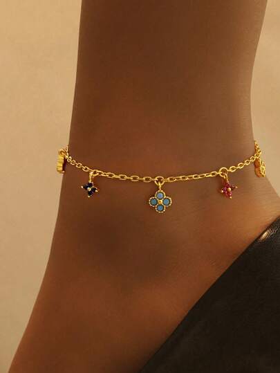 1pc 925 Silver Colorful Zirconia Pendant Anklet, Vibrant Summer Vibe, Essential Accessory For Women's Beach Travel, Vacation And Holiday Outfits