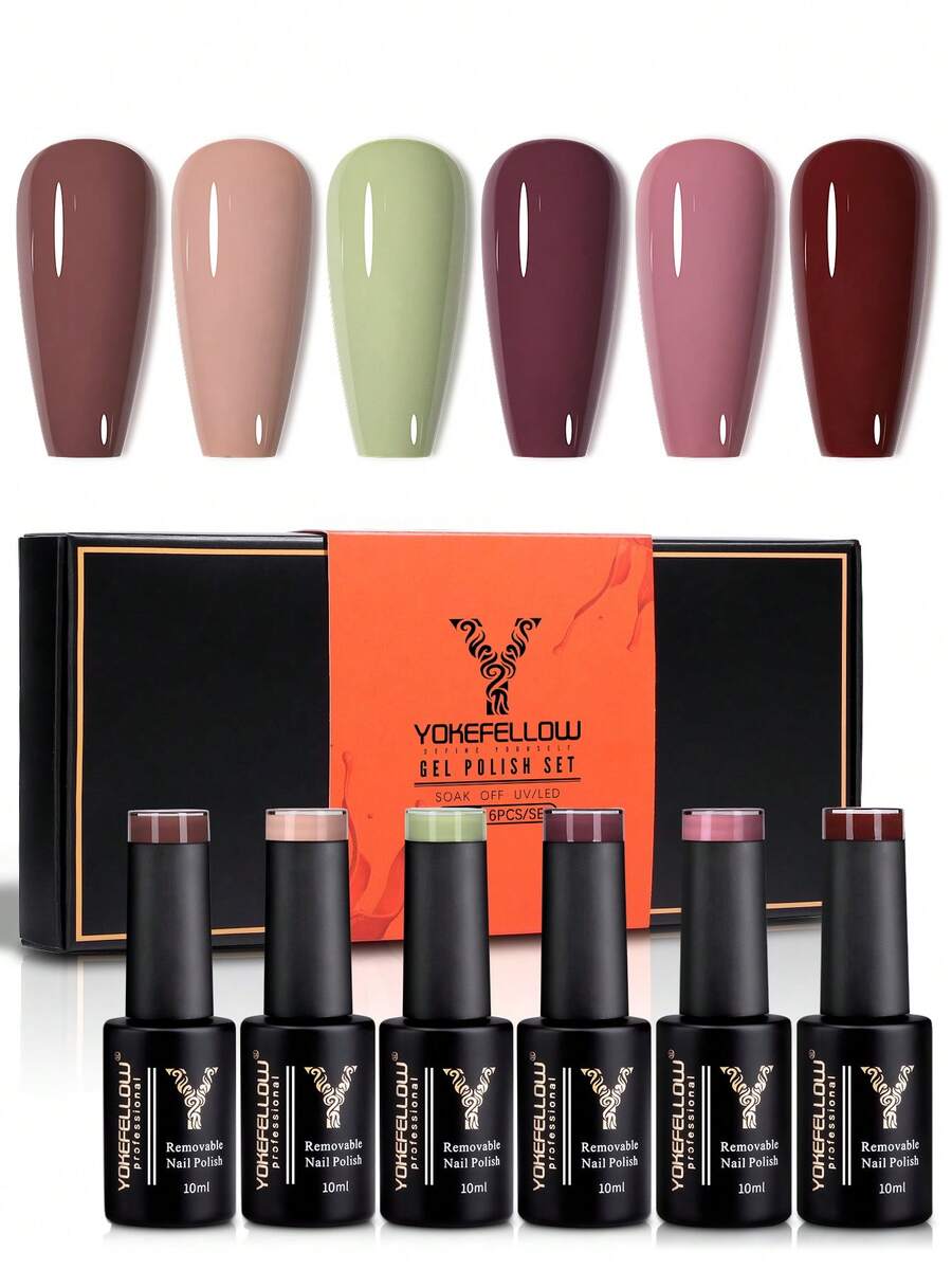 YOKEFELLOW 6 Color 10ML Fall Nude UV Gel Nail Polish Set Semi Permanent Autumn Shades Gel Nails Soak Off UV LED For French Nails And Manicure Salon Gift - 彩色 - 查看 1