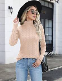 Women's Turtleneck Sweaters Knit Long Sleeve Casual Pullover Fall Tops - Màu be - Xem 2