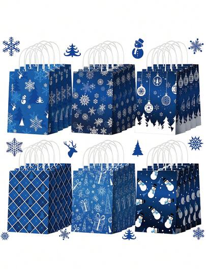 12pcs Blue Christmas Paper Gift Bags – Coated Paper With Handles, Winter Snowflake Designs (6 Styles) | For Classrooms, Party Favors & Holidays Christmas Christmas Decorations Christmas Pajamas Christmas Gifts Christmas Decor