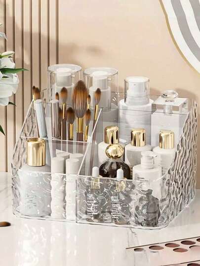 1pc Acrylic Remote Control Holder Caddy, Clear Desktop Organizer With Multi Compartments, For Living Room Coffee Table, Bedroom, Nightstand, Tissue Box Storage, Makeup Brushes Vanity Accessories Organizer, Thick Durable Plastic