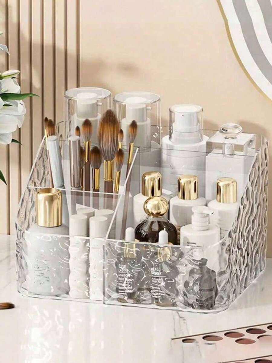 1pc Acrylic Remote Control Holder Caddy, Clear Desktop Organizer With Multi Compartments, For Living Room Coffee Table, Bedroom, Nightstand, Tissue Box Storage, Makeup Brushes Vanity Accessories Organizer, Thick Durable Plastic