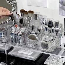 1pc Acrylic Remote Control Holder Caddy, Clear Desktop Organizer With Multi Compartments, For Living Room Coffee Table, Bedroom, Nightstand, Tissue Box Storage, Makeup Brushes Vanity Accessories Organizer, Thick Durable Plastic