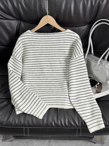 Wixra 秋冬新款韩版条纹宽松休闲时尚女毛衣 - 灰色 - 查看 2