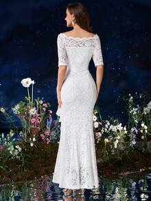 Đầm maxi ren toàn thân cổ chữ V, viền bèo nhún, thích hợp cho dạ hội, mùa thu, tiệc trang trọng, váy cưới trắng, váy cô dâu, cũng thích hợp cho sinh nhật, dạ hội, lễ tốt nghiệp, ngày lễ và các dịp khác. - trắng - Xem 3