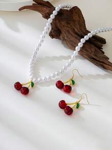 3pcs/Set Cherry Shaped Pendant Decor Faux Pearl Necklace & Earrings Set, Suitable For Women's Daily Or Multipurpose Wear