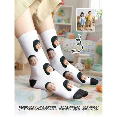 1 Pair Customized Face Print Mid-Calf Socks For Kids, Can Print Any Face Photo, Suitable For Boys & Girls, Personalized, Fun, Colorful, Creative Cartoon Design, Great Gift For Valentine's Day, Birthday, Holidays
