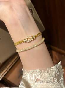 1pc Stainless Steel Milanese Horseshoe Clasp Woven Bracelet, Gold Plated Hollow Strap, Fashion Minimalist Versatile Design - Horseshoe Watch Strap Bracelet - View 2