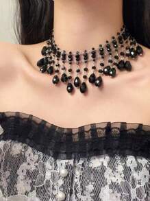 1 对欧美经典百搭时尚仿珍珠多层花朵十字架吊坠项链，精致女士颈链