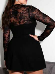 Plus Size Midnight Lace Seduction - Black Square Neck Bodycon Dress For Women Sheer Sleeves Evening Glam, Women's Versatile Lace Dress For Date Nights, Soirées  Lounge Elegance - màu đen - Xem 5
