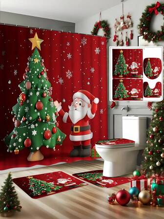 1/4 Pcs Christmas Tree & Santa Claus Print, Christmas Shower Curtain Set, Bathroom Decor Set (Includes Waterproof Shower Curtain, Non-Slip Mat, Toilet Seat Cover, Bath Mat And 12 Plastic Hooks), Bathroom Accessories, Home Decor