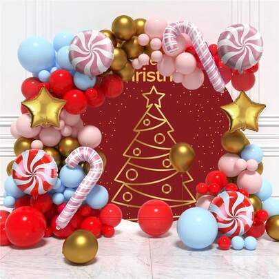 100pcs Christmas Balloon Arch Set - Pink, Light Blue, Red, Gold Foil Balloons | Polyester Film Balloons For Christmas Decoration With Candy Sticks