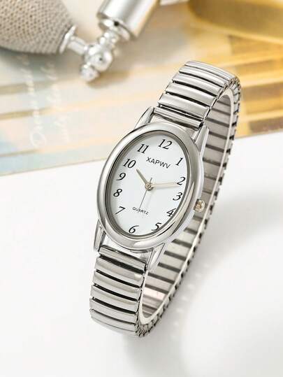 XAPWV 1pc Oval Numeric Elastic Band Vintage Women Quartz Watch, Elegant Pigeon Egg Shaped Minimalist Chic Quartz Watch For Ladies