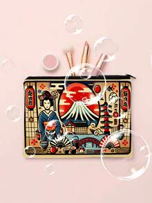 1pc Japanese Traditional Print Makeup Bag Large Capacity Zippered Cosmetic Pouch, Durable Polyester Travel Organizer With Braided Details & Vibrant Geisha, Pagoda, Cherry Blossom Design - Perfect Gift For Women, Pet Lovers, Avocado Fans, Sturdy Zipper Closure,Pouch,Makeup Pouch,Travel Essential - Multicolor - View 3
