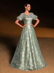 GIFORU Luxury Pastel Green Floral Sequin Gown - Puffed Sleeves A-Line Evening Dress With V Back & Crystal Embroidery For Art Gallery Openings, Vienna Balls And Luxury Galas Wedding Prom Dress Wedding Dresses For Bride Formal Dresses For Women White Dress New Year Elegant Dresses For Party Elegant Long Graduation Dress Sparkly Dress - Cỏ xanh - Xem 6