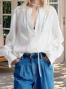 Womens Loose Button Down Shirts Long Balloon Sleeve Lace Patchwork Tops Fall Blouse - trắng - Xem 3