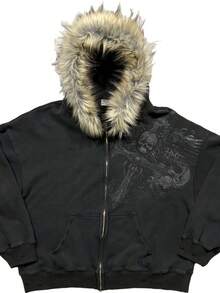 Fluffy Hat Sweater Long Sleeve Pullover Hoodie Retro Jacket Street  Y2k - 黑色 - 查看 2