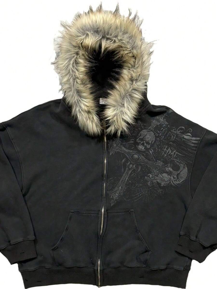Fluffy Hat Sweater Long Sleeve Pullover Hoodie Retro Jacket Street Y2k - Black - View 1