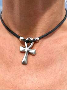 1 buc colier clasic cu cruce la modă, colier cu pandantiv din piele și metal argintiu, stil gotic, potrivit pentru petrecere, cadou de ziua de naștere, purtare zilnică