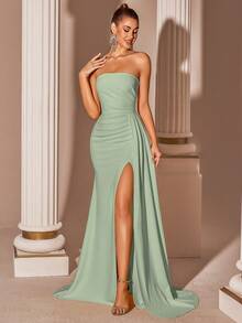 Elisanya 奶油黄色优雅露肩高腰开衩长款系带舞会礼服 - 綠色 - 查看 7