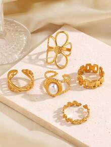 5pcs Stainless Steel 18K Gold Plated Fashionable Floral Oval Chain Open Rings, Suitable For Women's Daily Wear - Multicolor - View 5