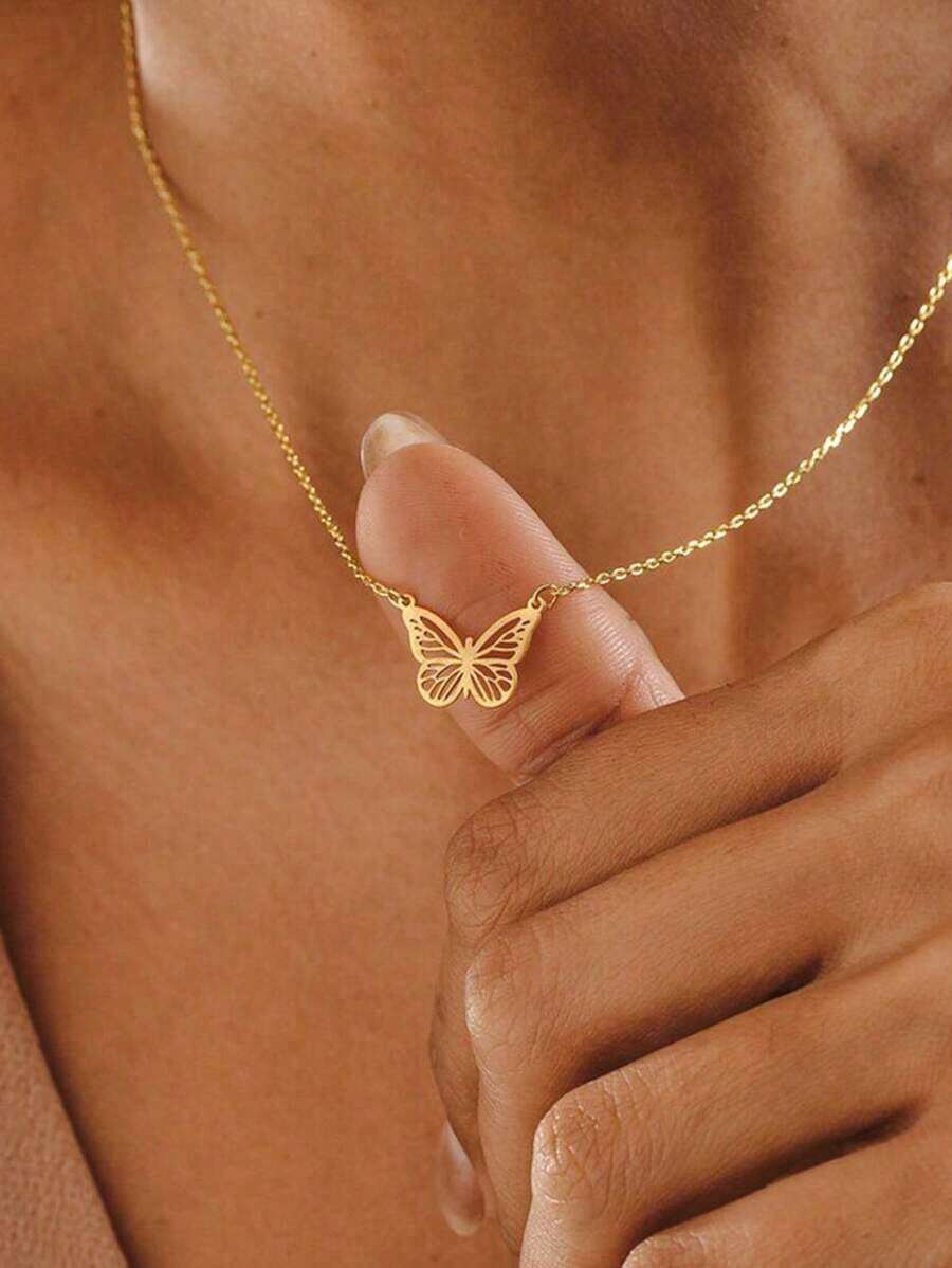 1 Piece 3d Butterfly Skeleton Pendant Necklace Minimalist Fashion Gold Stainless Steel Chain Exquisite Butterfly Necklace Stainless Steel Jewelry For Women's Party Daily Decorations For Women Gifts For Mom Mother's Day Gifts For Her - 金子 - 查看 1