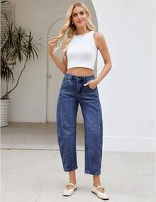 LookbookStore High Waisted Wide Leg Baggy Barrel Jeans Denim Jean Pantshalloween - 經典藍 - 查看 6
