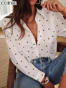 女士加大码心形印花纽扣长袖翻领衬衫 白色 春季 - 白色 - 查看 1