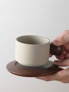 1pc Creative Minimalist Ceramic Coffee Cup & Saucer Set, With Wooden Ball Handle, Office & Casual Mug, Home Breakfast Cup, Latte Art Coffee Cup, Afternoon Tea Cup & Saucer, Practical Drinkware - Multicolor - View 10