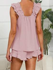 Women's Summer Lounge Set Ruffle Shoulder Strap Tank Tops Drawstring Shorts Sleepwear Sets - Orange Pink - View 5