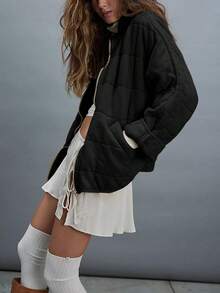 Chaqueta acolchada ligera de mujer para otoño/invierno con cremallera completa, cuello alto, holgada y cálida con bolsillos - Negro - Ver 3