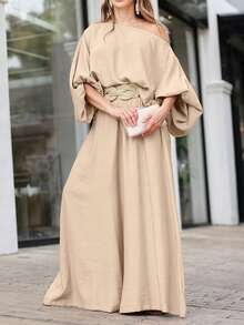 Women's Plus Size Elegant 2 Pieces Set, Designed Solid Color Asymmetrical Shoulder Long Sleeve Top + Loose Wide-Leg Pocket Maxi Pants, Suitable For Commuting, Business, Holidays, Autumn/Winter