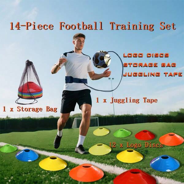 14-teiliges, hochwertiges Fußball-Trainingsset. 12 robuste Logo-Scheiben mit Aufbewahrungsnetz. 1 stabiler, verstellbarer Trainingsgürtel für Bälle der Größe 3/4/5. Fußballtraining für Anfänger.