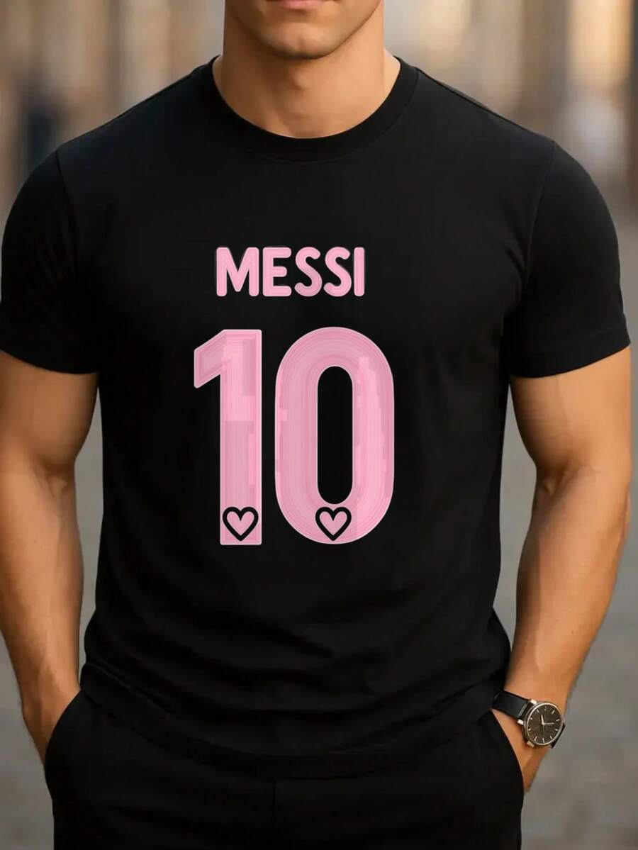 Men's Crew Neck T-Shirt Black Messi 10 Pink Hearts Print Casual Sports Wear - 黑色 - 查看 1