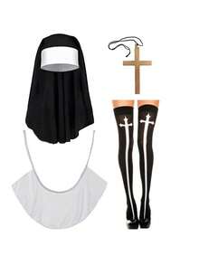 1 Set Women's Nun Costume Outfit (Includes Headpiece, Scarf, Cross, Thigh High Socks) For Halloween Party Role Play